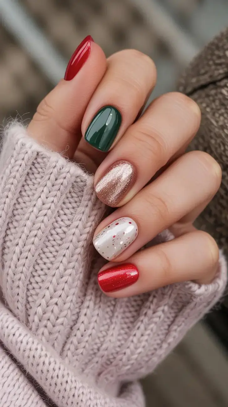 Маникюр с молочными бежевыми красными и зелеными ногтями