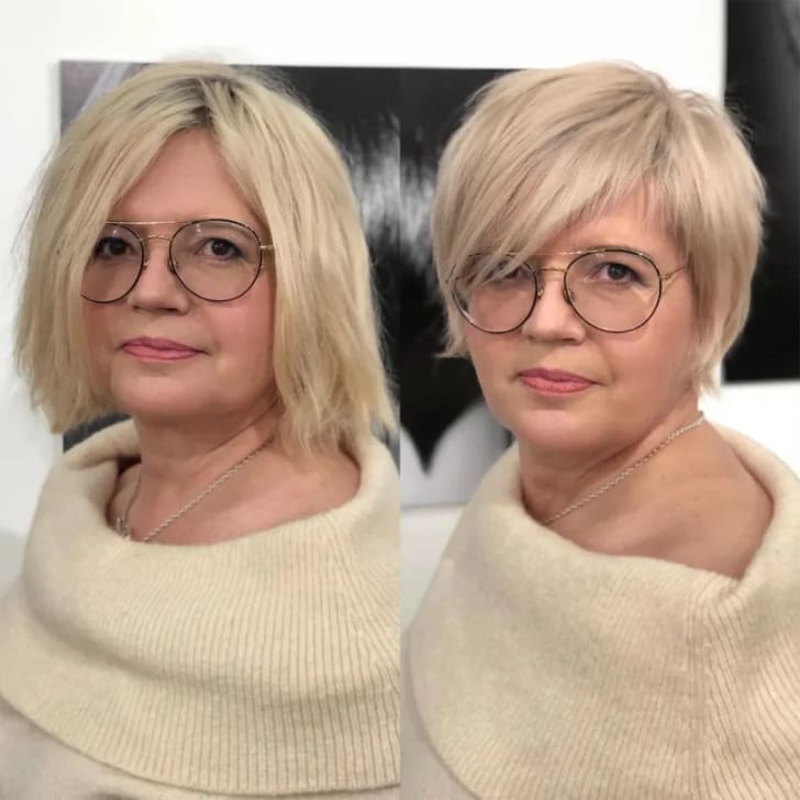 Женщина с удлиненной стрижкой пикси с боковой челкой на платиновых волосах