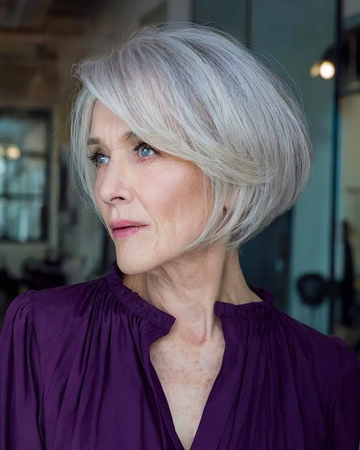 Боб с седыми волосами боковым пробором и смелой челкой