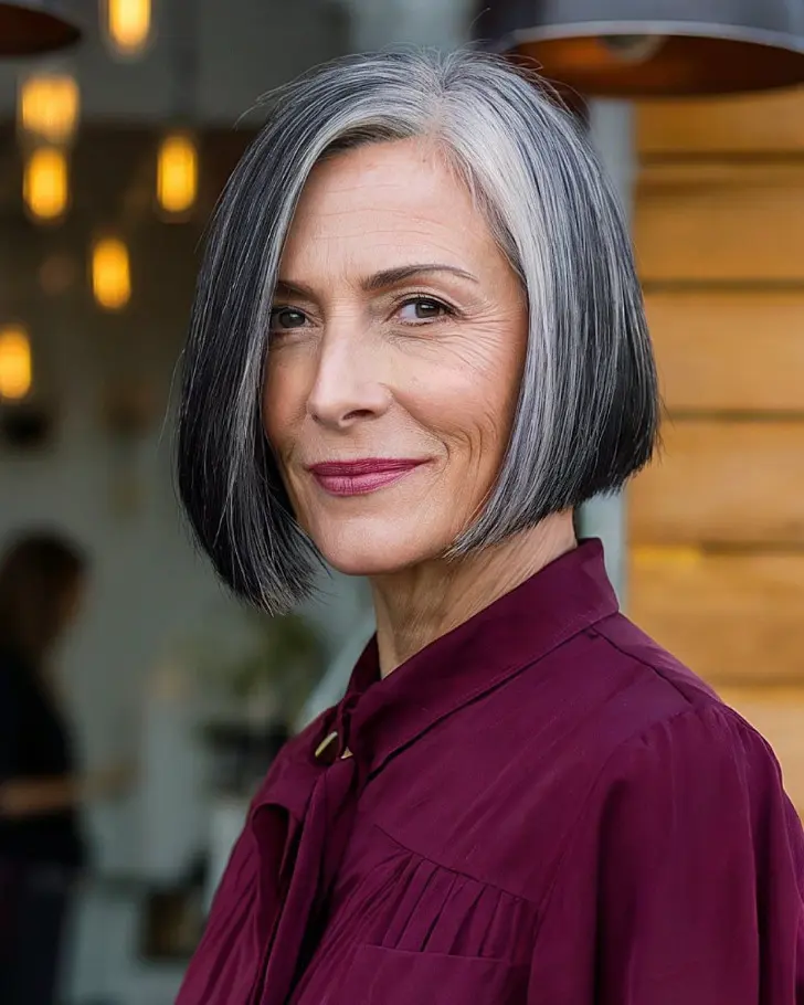 Боковой пробор и волосы в оттенке перец соль