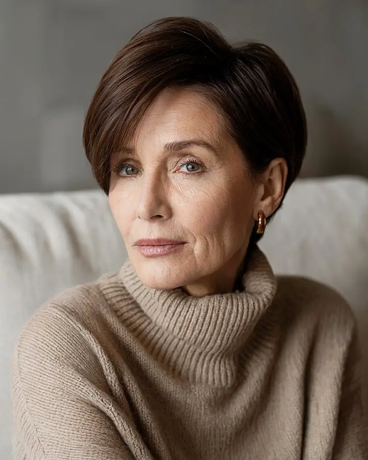 Каштановая пикси с аккуратным пробором и длинными волосами