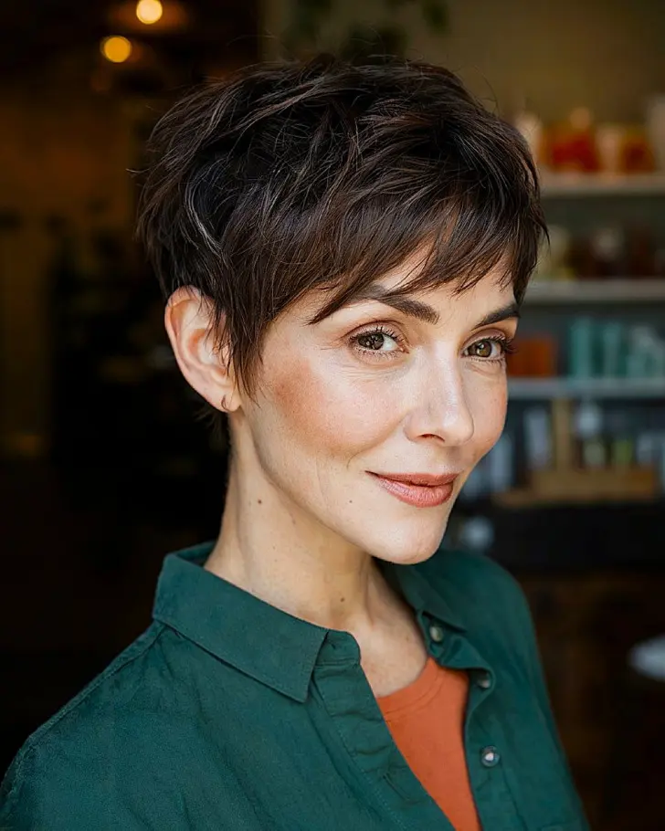 Короткая пикси с тонкой косой челкой