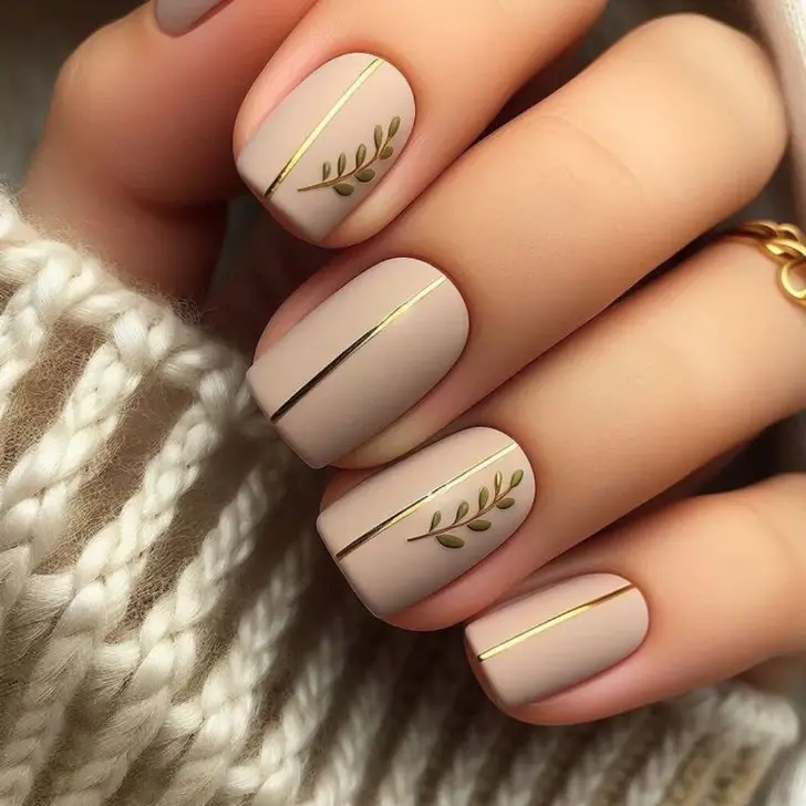 Матовый бежевый маникюр с золотыми линиями и растительным принтом на квадратных ногтях