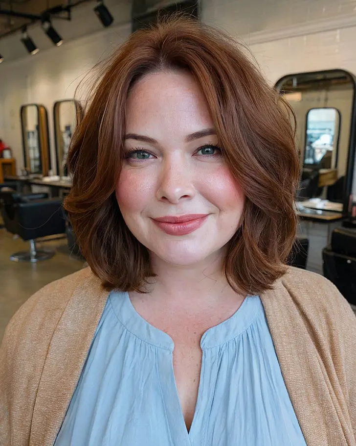 Многослойный боб с челкой для круглого лица
