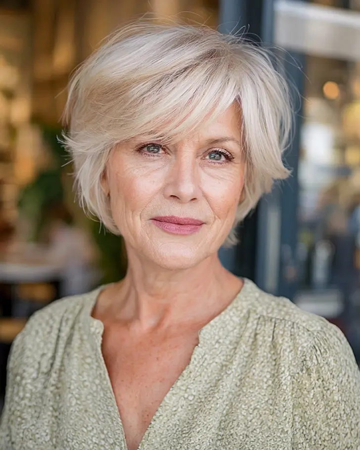 Объемная стрижка с длинной косой челкой