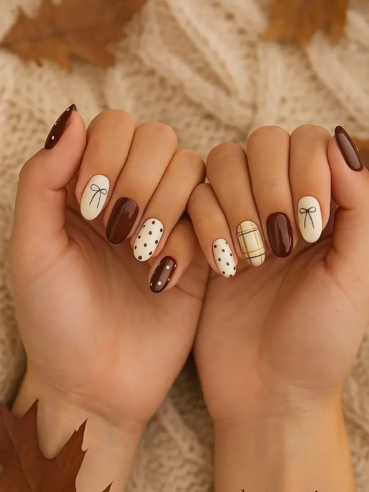 Комбинированный осенний маникюр на овальных ногтях средней длины