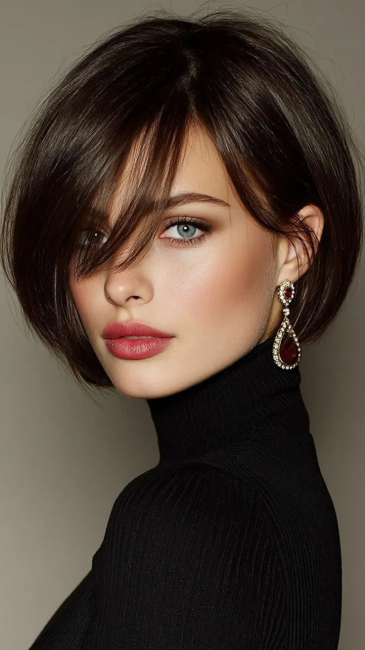 Элегантная стрижка до подбородка с гладкой косой челкой