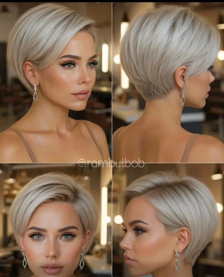 Короткая аккуратная пикси с пробором и косой челкой