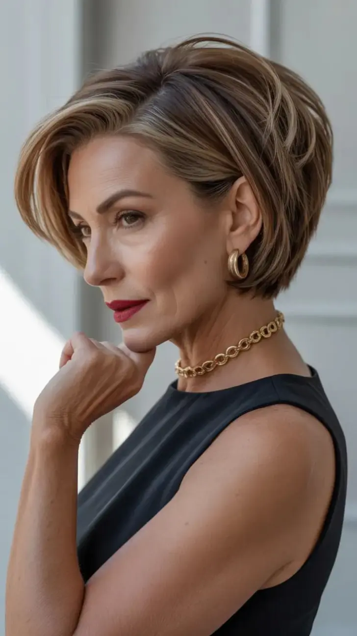 Короткая изящная стрижка с боковой челкой на светлых волосах