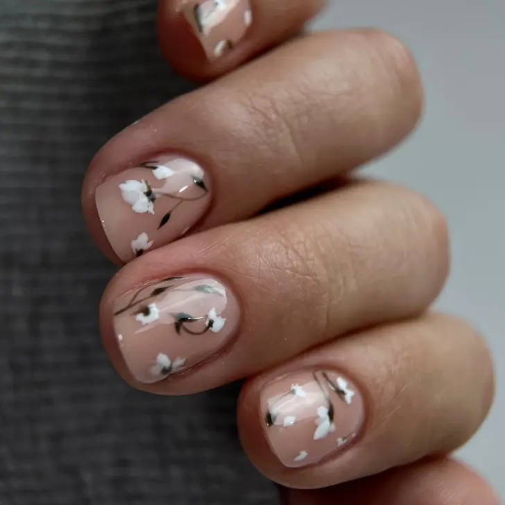 Короткие натуральные ногти с зимними цветами
