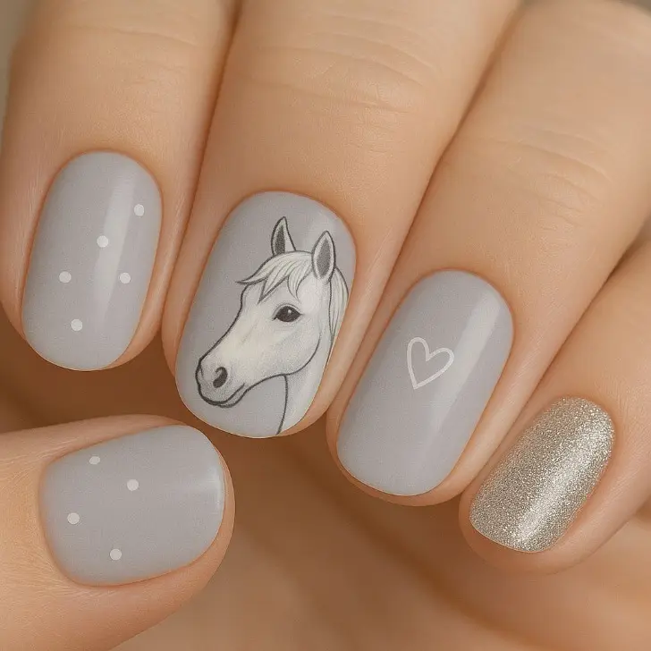Короткие серые ногти с лошадью и точками