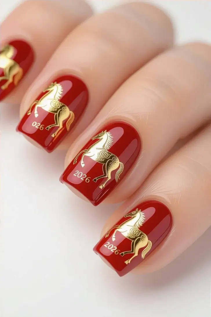 Красные ногти с золотыми лошадьми