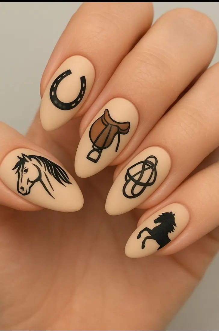 Матовые ногти с изображением лошади и подковы