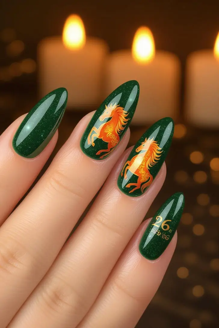 Миндальные изумрудные ногти с огненной лошадью