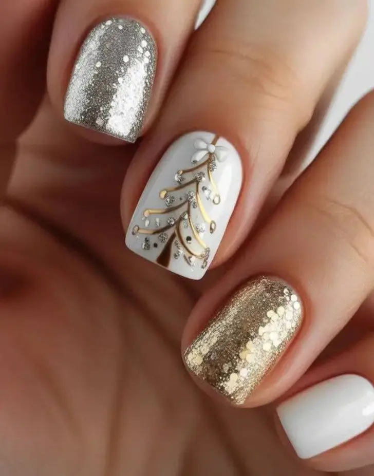 Рождественский маникюр с елкой и золотым блеском