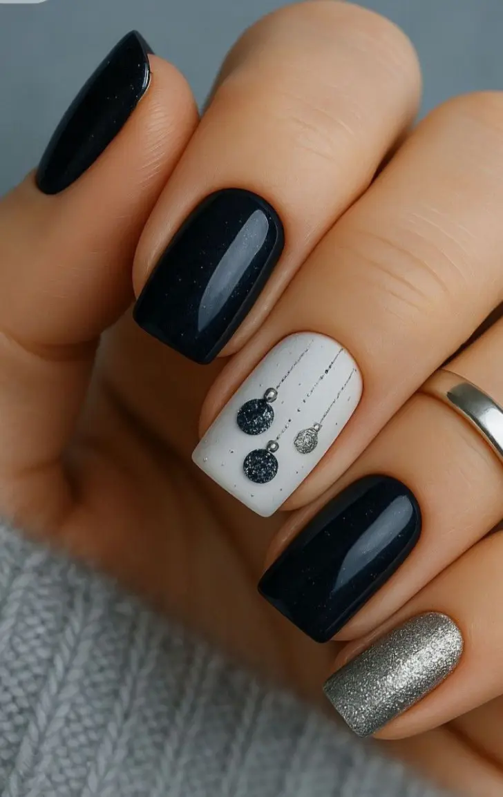 Рождественский темно синий маникюр с гирляндами