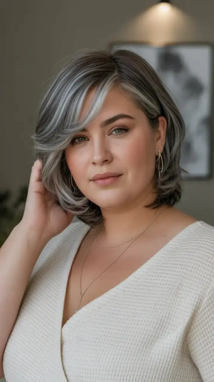 Серебристая стрижка с челкой на бок для круглого лица