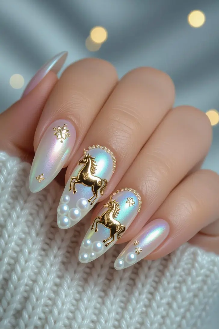 Жемчужный маникюр с золотой лошадью