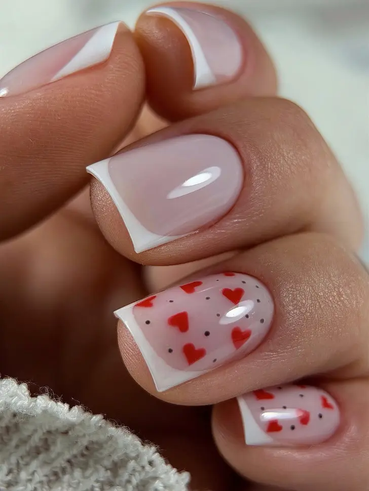 Белый френч с красными мини сердечками на День всех влюбленных