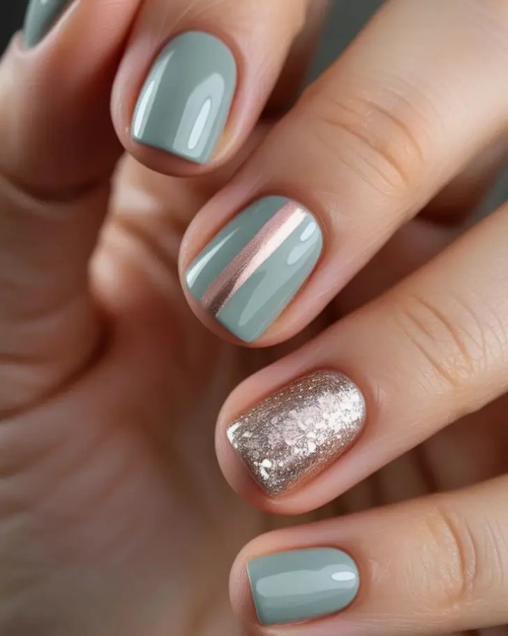 Бирюзовый маникюр с розовым золотом
