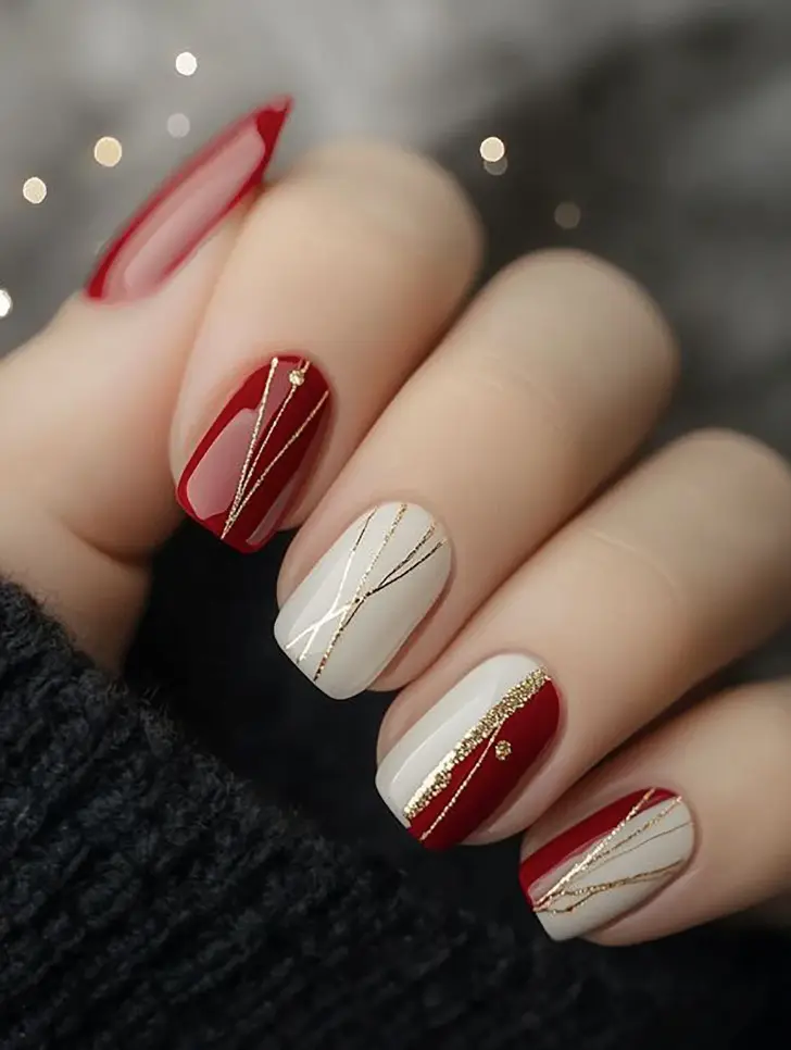 Элегантный маникюр с красно белыми ногтями и золотыми полосками