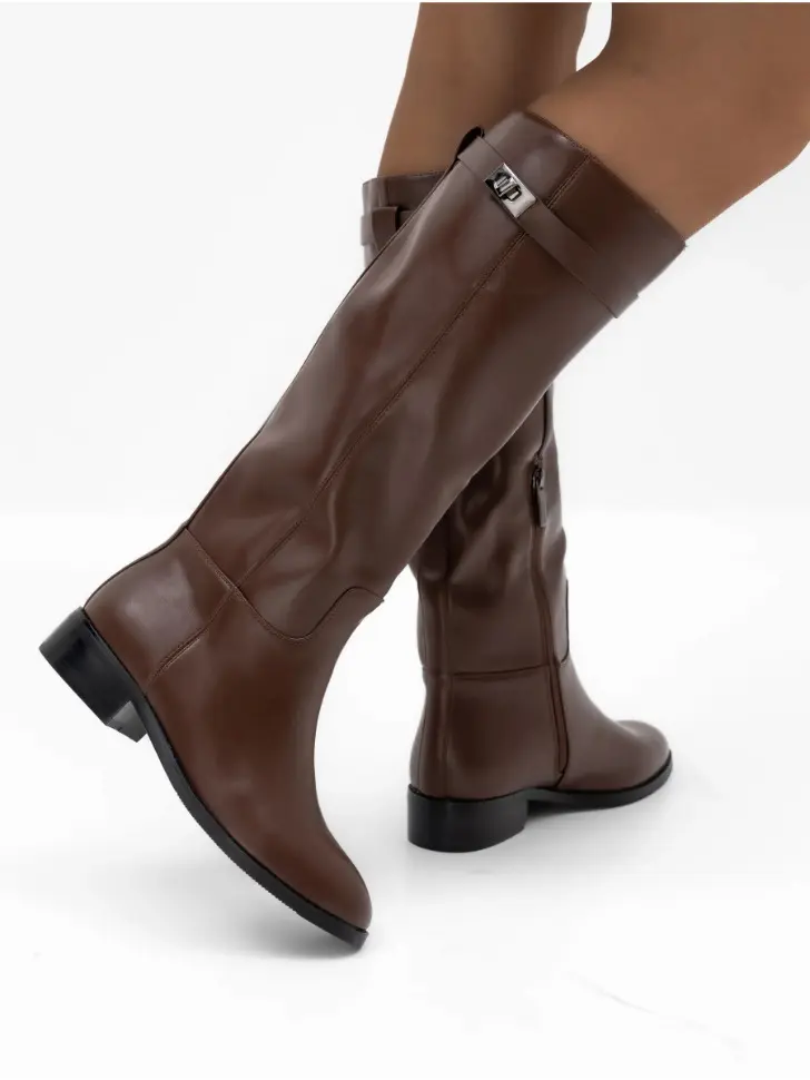 Кожаные коричневые сапоги с мини каблуком
