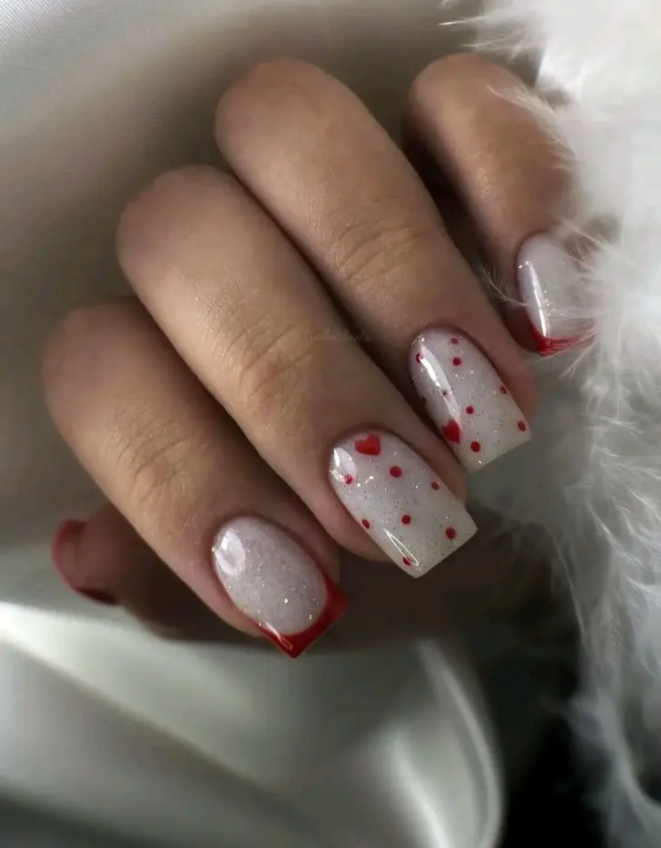 Красный френч с сердечками на молочной основе с блеском