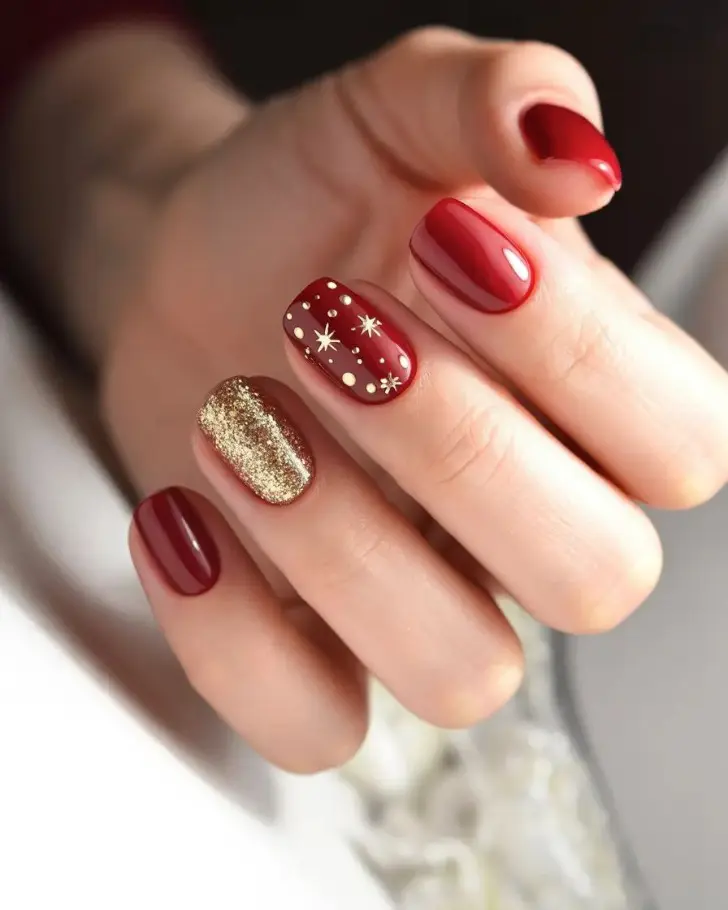 Красный маникюр со звездами и точками