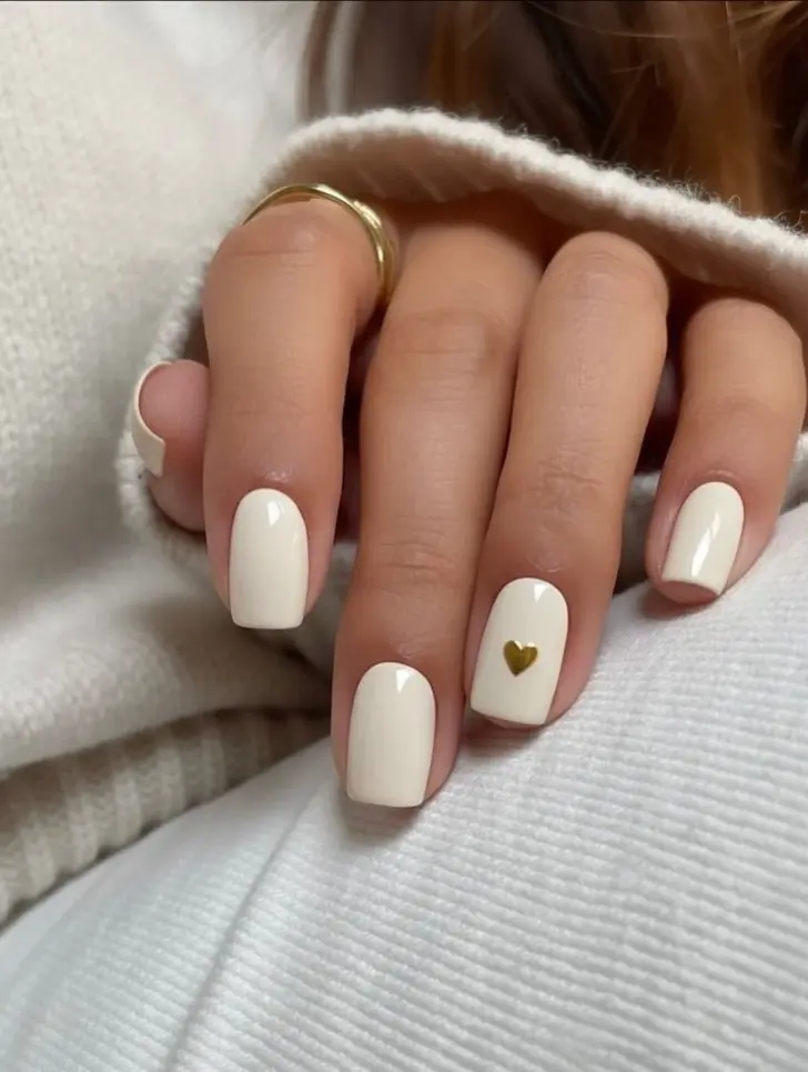 Маникюр с белой основой и золотым сердцем на День святого Валентина