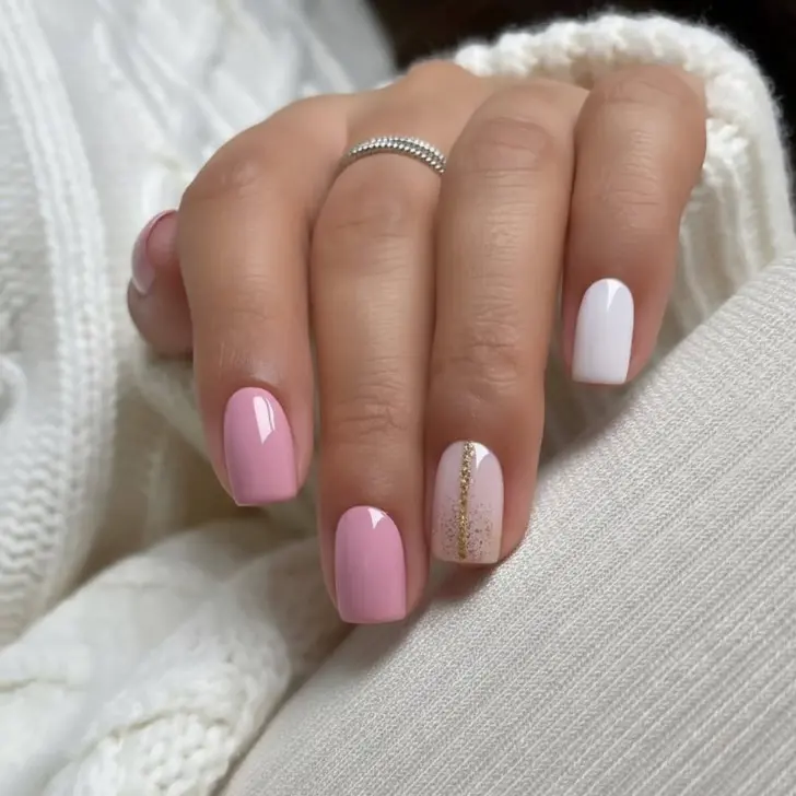 Нежный маникюр в пастельных тонах с золотой полосой и песком