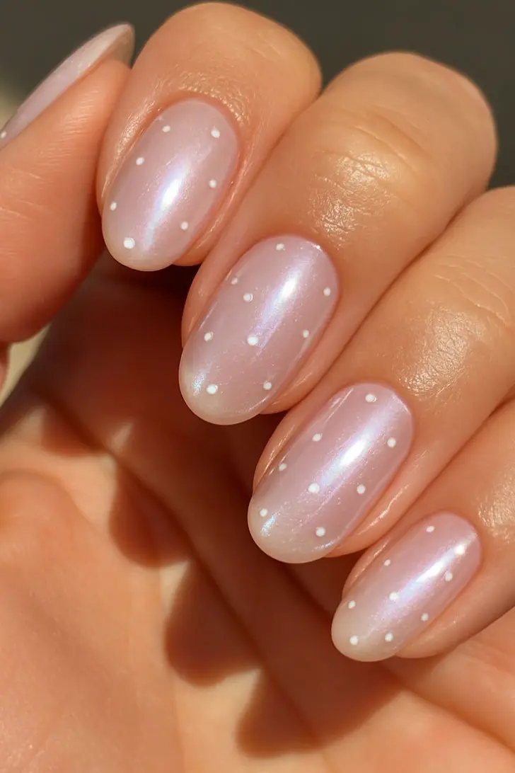 Овальный маникюр на чистой жемчужной поверхности с белыми точками