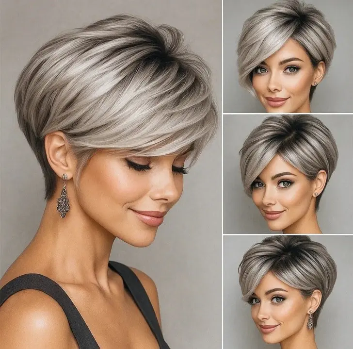Аккуратная косая пикси с гладкой укладкой на серебряных волосах