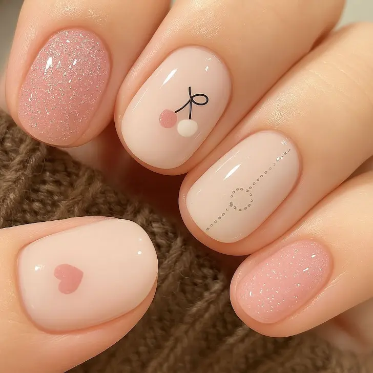 Аккуратный маникюр с мини рисунком вишни и сердца