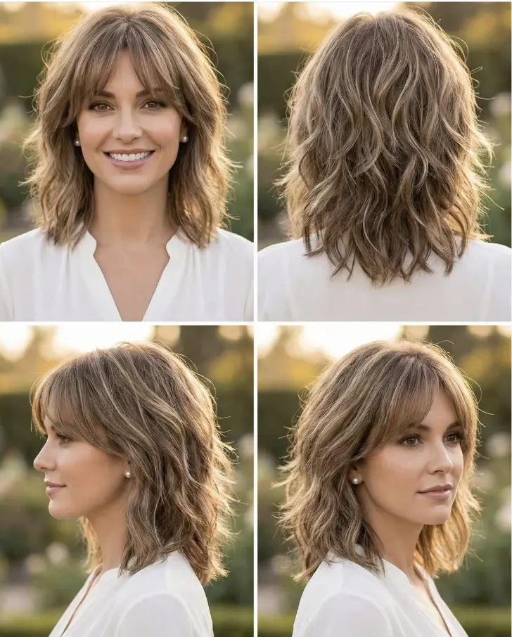 Длиною до плеч прическа с волнами стирающая морщины и челкой шторкой