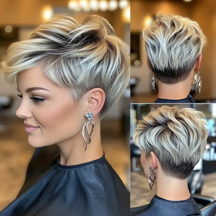 Элегантная косая стрижка пикси с мелированием и дерзкими слоями