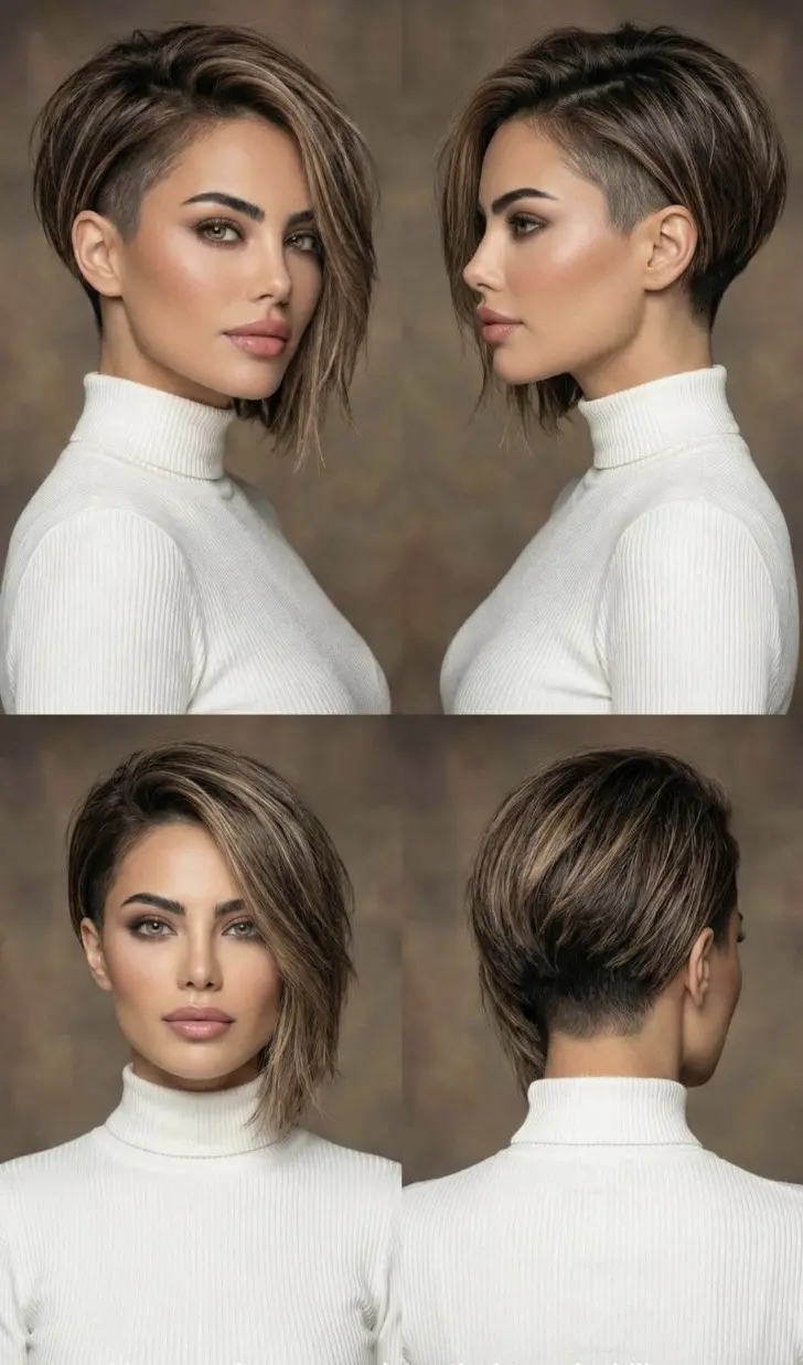 Изящная косая пикси с очень длинной челкой и гладкими волосами