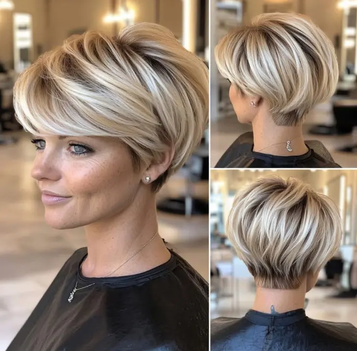 Косая пикси на светлых волосах с основным объемом сзади