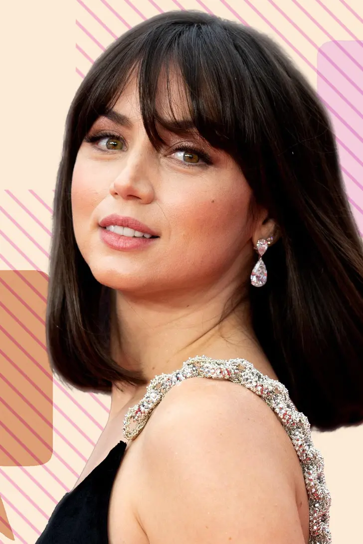 Лонг боб с тонкой челкой на темных волосах для женщин с короткой шеей и круглым лицом