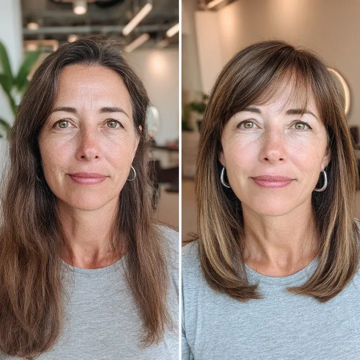 Модная стрижка средней длины омолаживающая лицо с тонкой косой челкой