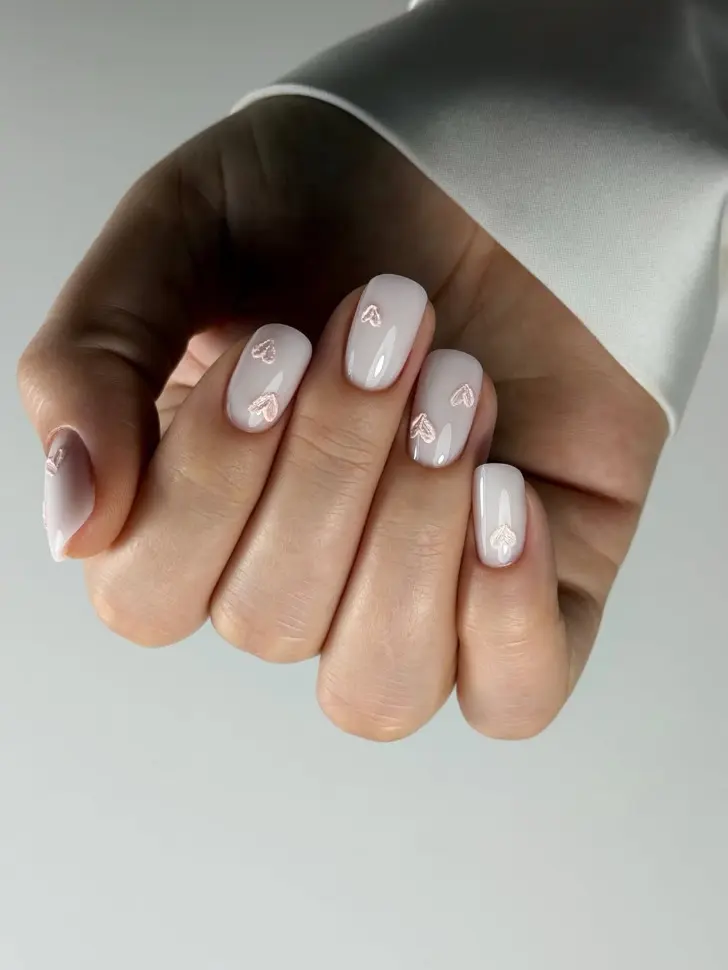 Молочно белый маникюр с персиковыми сердцами на эту заму