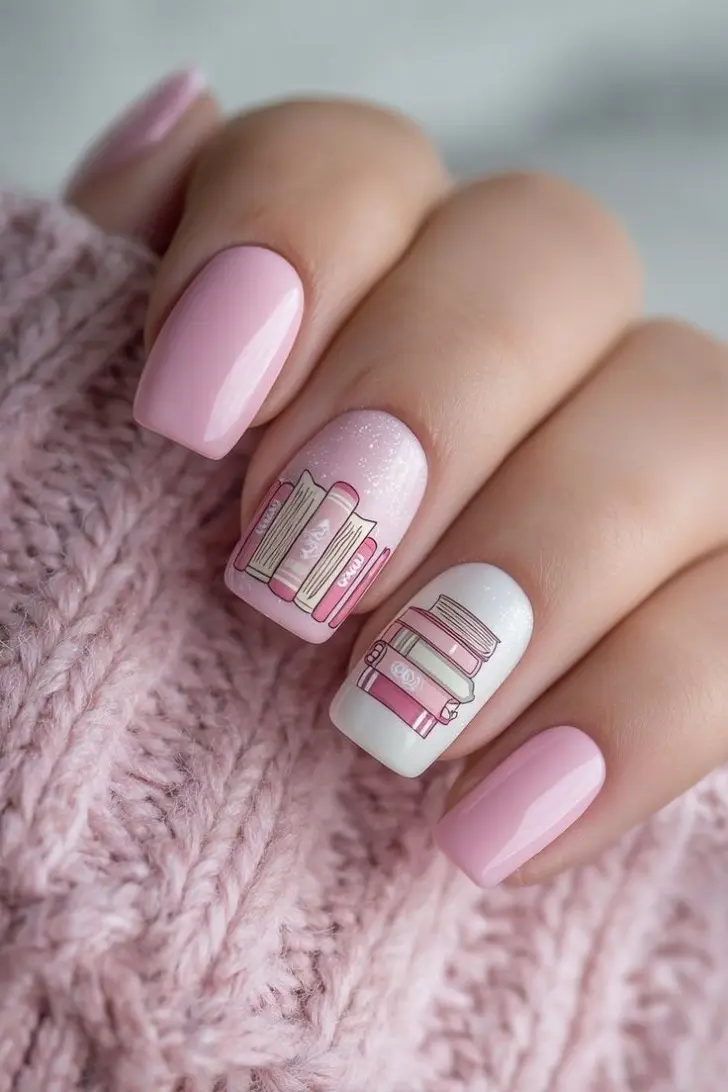 Нежно розовый маникюр с мини рисунком стопки книг