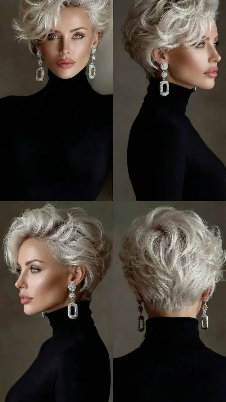 Объемная стрижка пикси с косой многослойной челкой на платиновых волосах