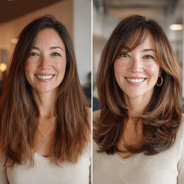 Объемная стрижка с перьями омолаживающая лицо с косой челкой