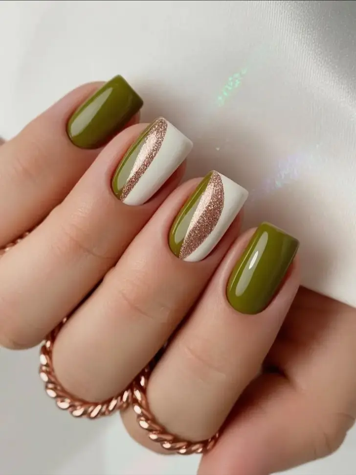 Оливковый денежный маникюр с золотой полосой