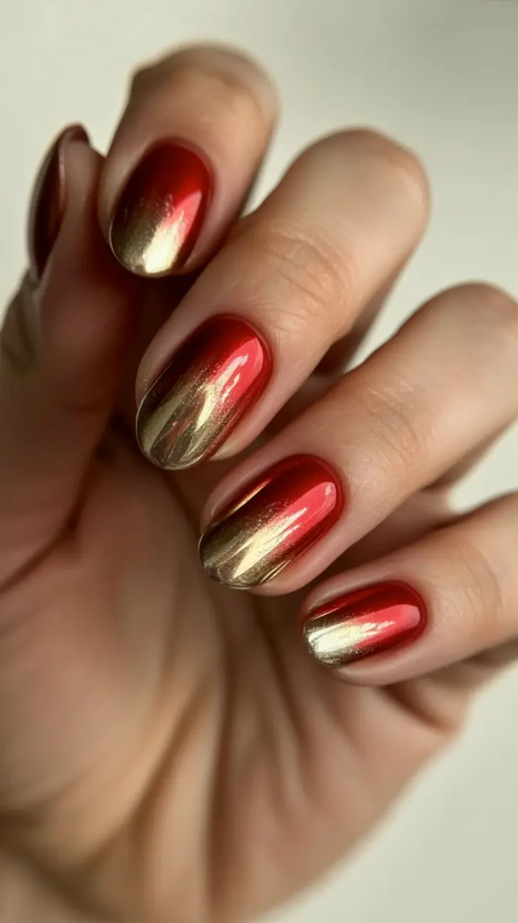 Овальный денежный маникюр с золотом и красным оттенком