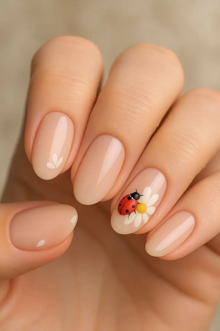 Овальный маникюр с рисунком ромашки и жука