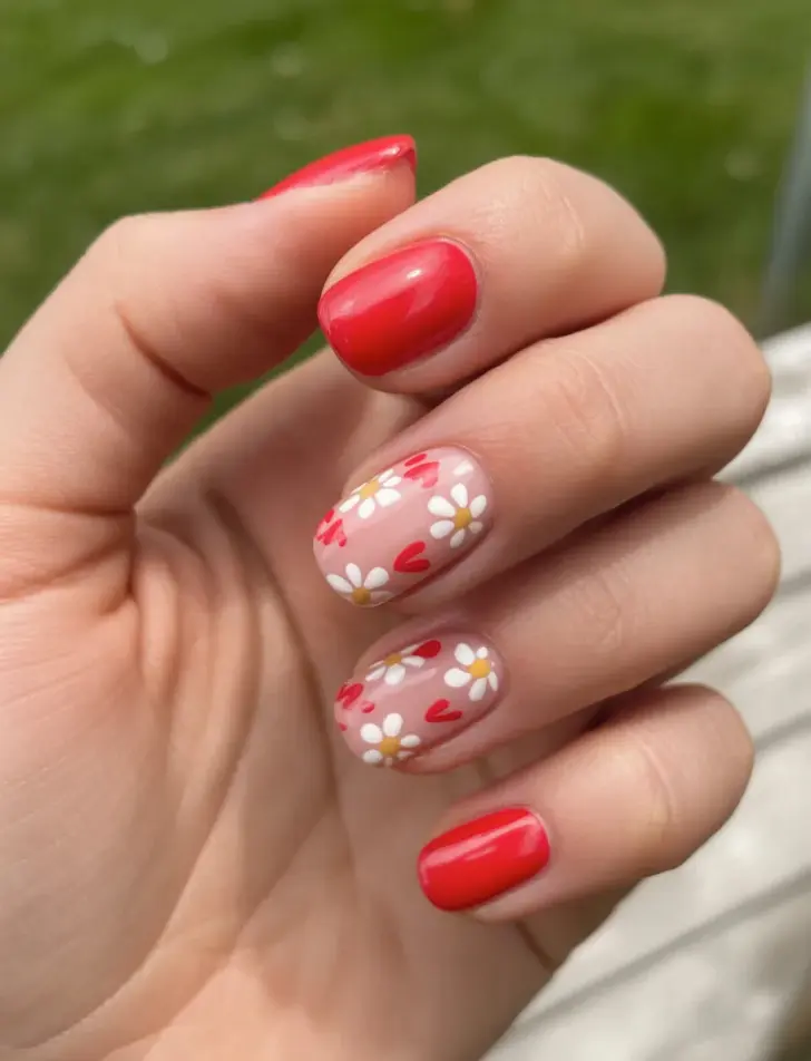 Романтичный красный маникюр на весну с белыми ромашками
