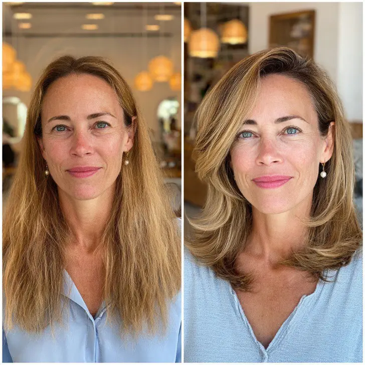 Стрижка ниже плеч омолаживающая лицо с длинной косой челкой