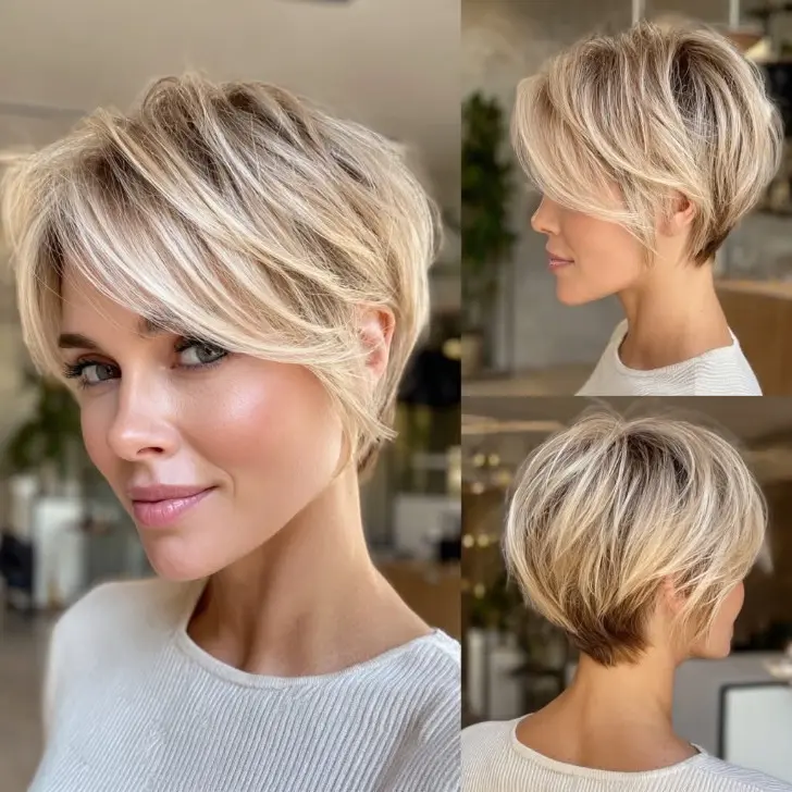 Светлая косая пикси с многослойной длинной челкой