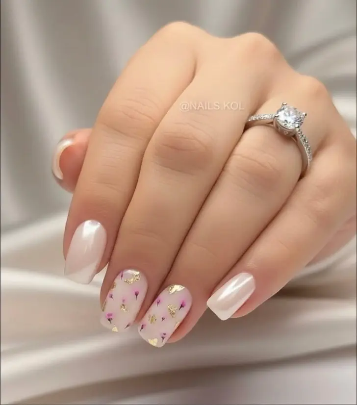 Женственный маникюр с цветами и золотой фольгой на жемчужном покрытии